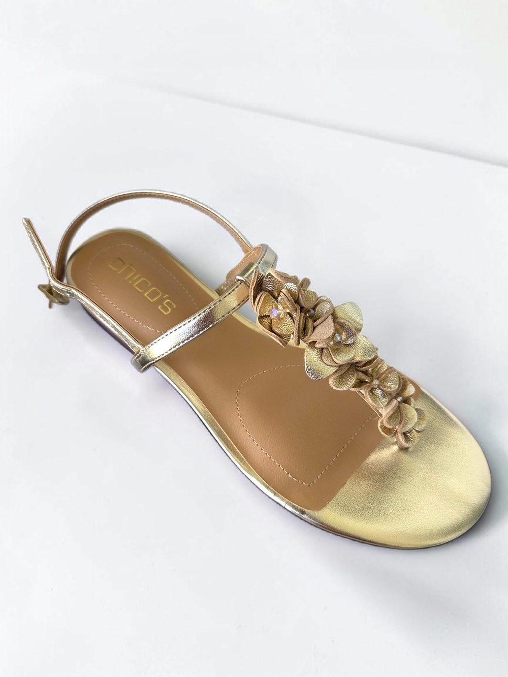 NIB Chicos Sioux Flower T Strap Metallic Gold Sandals Size 8 M MSRP $130